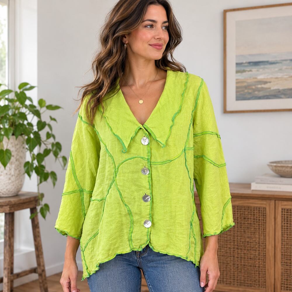 Crunch Vintage Linen Silk Blend Green Button Front Lagenlook Top Women's 1 (S/M)